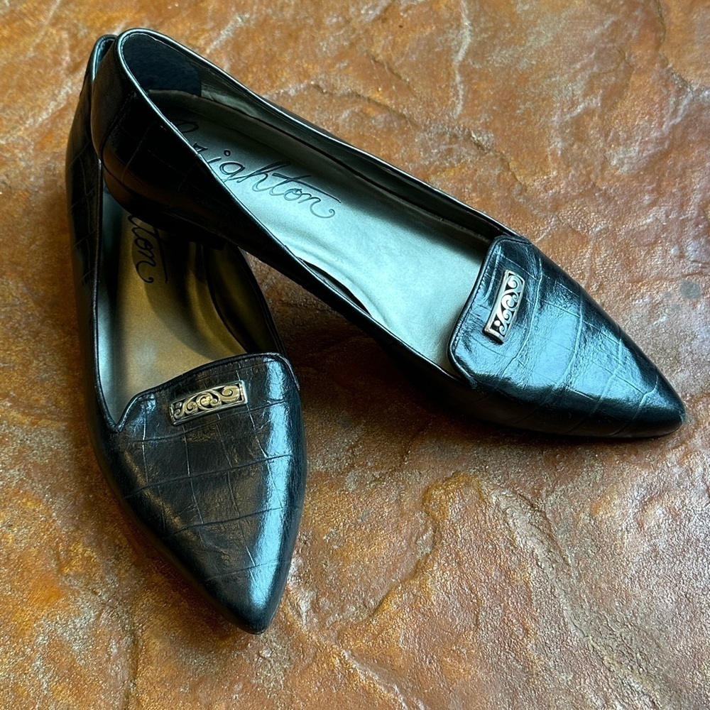 Brighton Black Croc-Embossed Pointed Toe Loafers